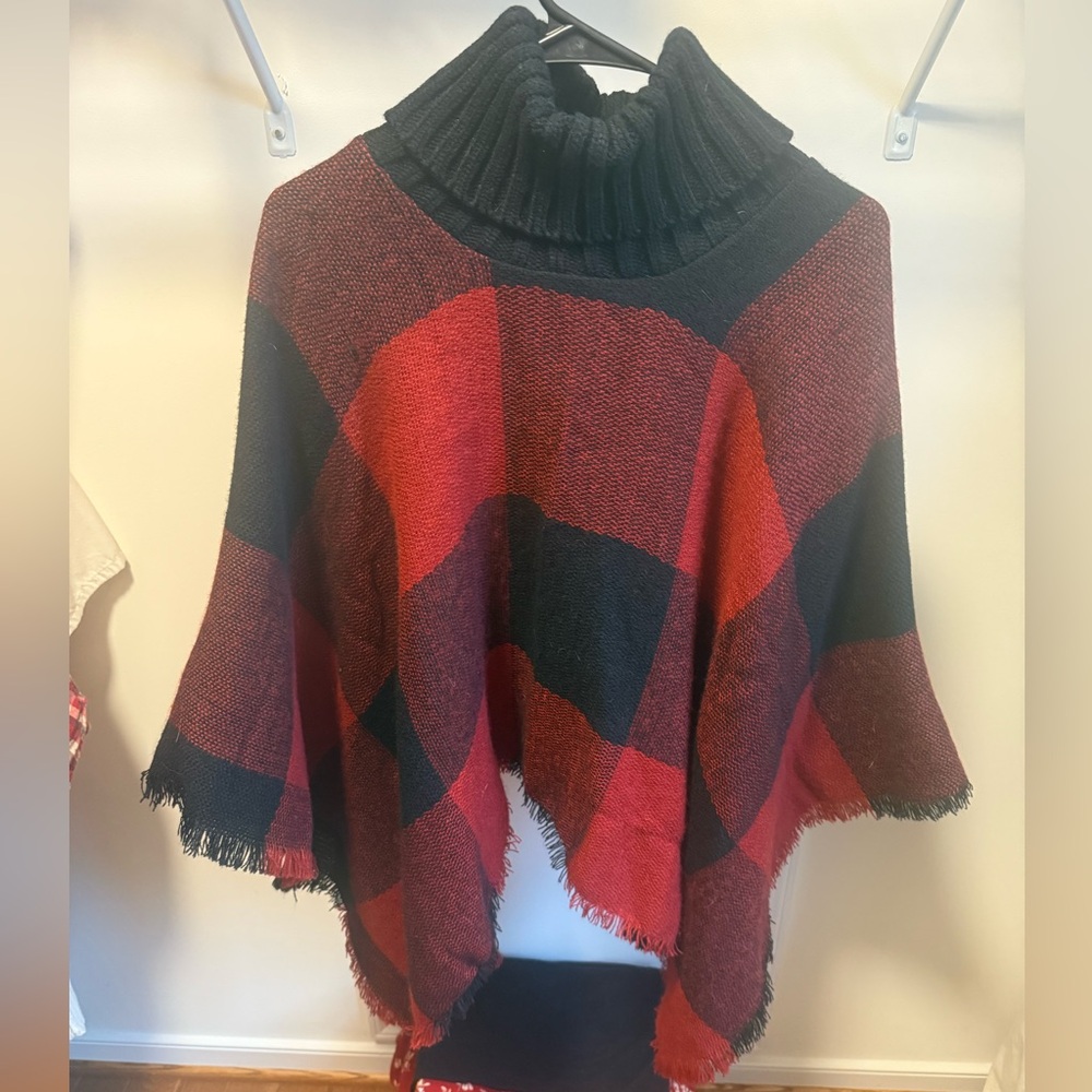 Chatties Red and Black Plaid Poncho Sweater
